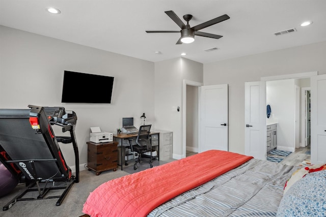 carpeted bedroom with a ceiling fan, recessed lighting, visible vents, and baseboards