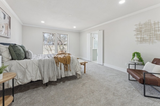 bedroom with recessed lighting, baseboards, ornamental molding, and carpet flooring