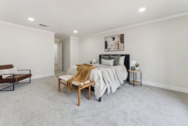 bedroom featuring visible vents, recessed lighting, carpet, and baseboards