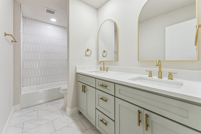 full bath with visible vents, marble finish floor, toilet, and a sink