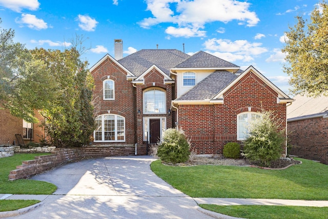 traditional home with brick siding, concrete driveway, a front yard, roof with shingles, and a chimney