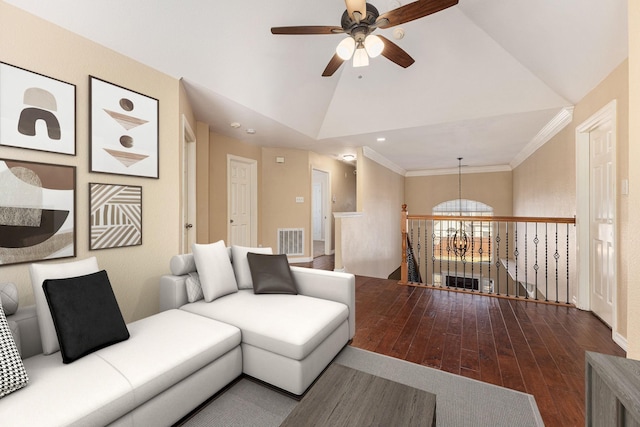 living area featuring wood finished floors, visible vents, high vaulted ceiling, ornamental molding, and ceiling fan with notable chandelier