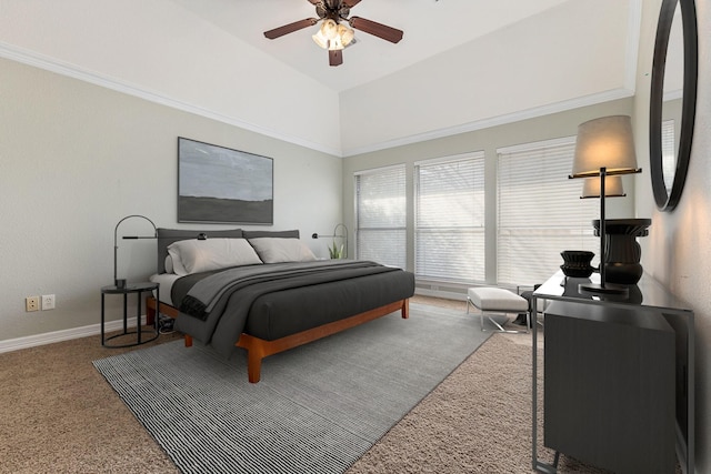 carpeted bedroom with a ceiling fan and baseboards