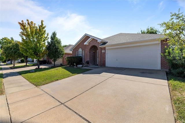 view of front of property featuring a front yard, roof with shingles, an attached garage, concrete driveway, and brick siding