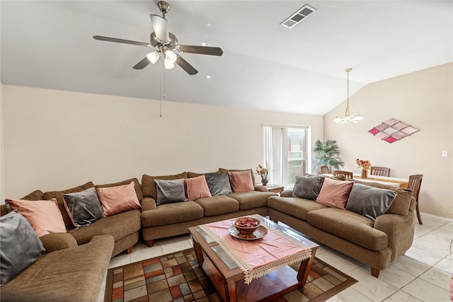 living room featuring visible vents, ceiling fan with notable chandelier, baseboards, and lofted ceiling