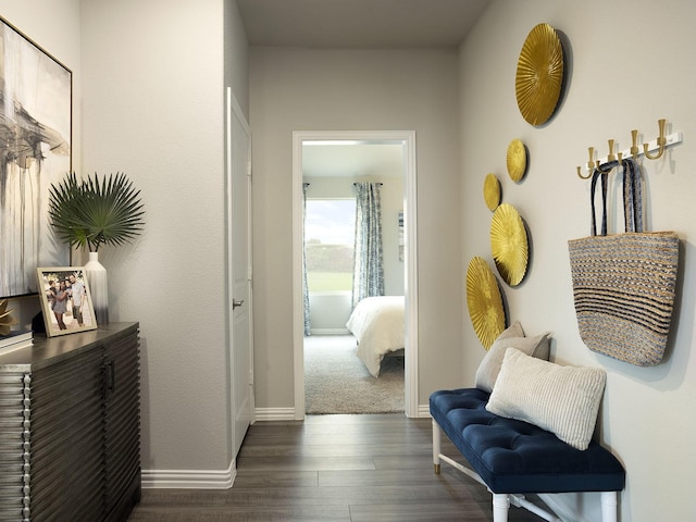 hallway featuring baseboards and dark wood-type flooring