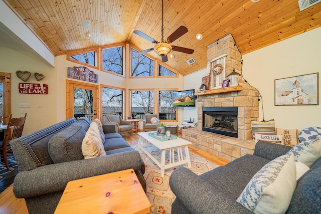 living room featuring a fireplace, wood ceiling, wood finished floors, and high vaulted ceiling