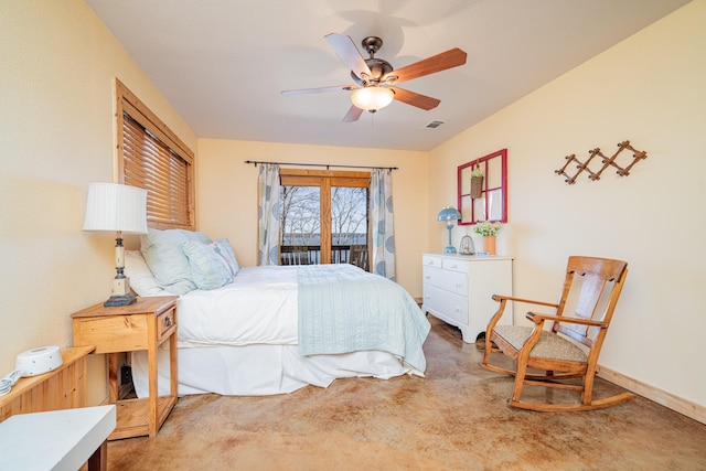 bedroom with visible vents, carpet floors, a ceiling fan, and access to outside