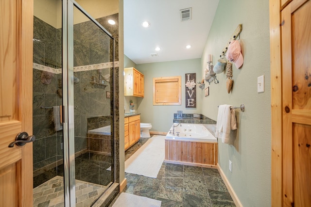 full bath featuring visible vents, baseboards, a garden tub, and a shower stall