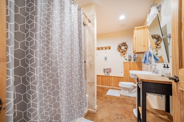 bathroom featuring visible vents, curtained shower, toilet, and vanity