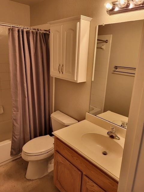 full bathroom featuring vanity, shower / bath combination with curtain, and toilet