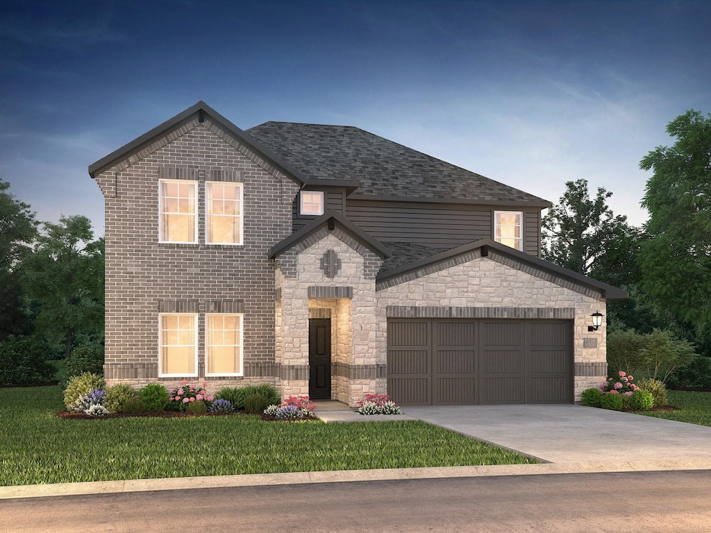 515 Weller Rd, Mckinney, TX 75069 - view of front facade featuring a front lawn, roof with shingles, concrete driveway, an attached garage, and brick siding