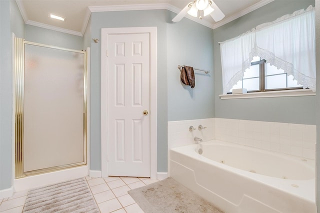 full bathroom featuring tile patterned floors, crown molding, a stall shower, and a whirlpool tub