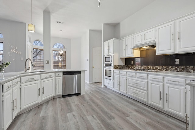 kitchen with tasteful backsplash, visible vents, under cabinet range hood, stainless steel appliances, and a sink