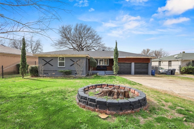 ranch-style home featuring a front lawn, fence, concrete driveway, an attached garage, and crawl space