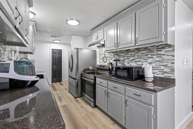 5621 Rocky Ridge Rd, Dallas, TX 75241 - kitchen featuring visible vents, under cabinet range hood, decorative backsplash, light wood-style flooring, and appliances with stainless steel finishes