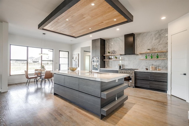 kitchen featuring open shelves, stainless steel range, and modern cabinets