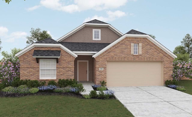 view of front facade featuring driveway, a shingled roof, a front lawn, a garage, and brick siding