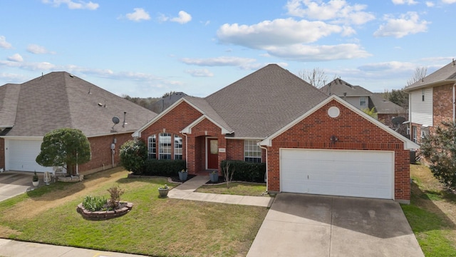 traditional home with a front yard, an attached garage, brick siding, and driveway