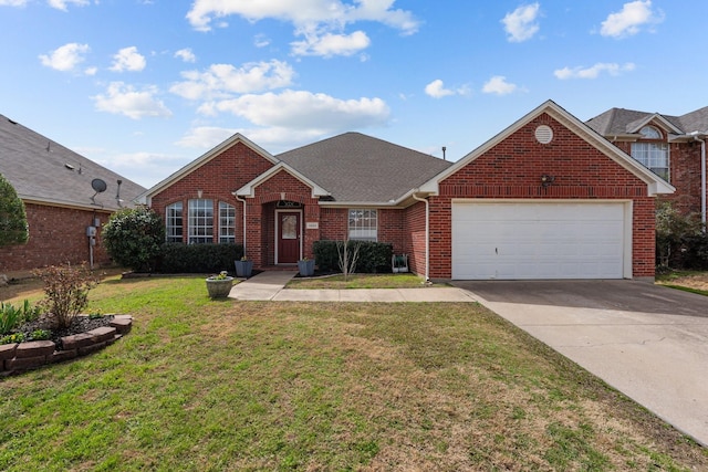 view of front facade with a front lawn, roof with shingles, concrete driveway, a garage, and brick siding