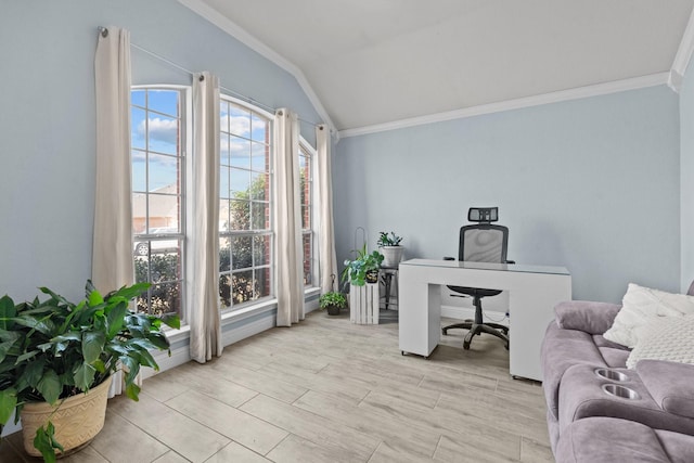 office space with wood finish floors, lofted ceiling, and ornamental molding