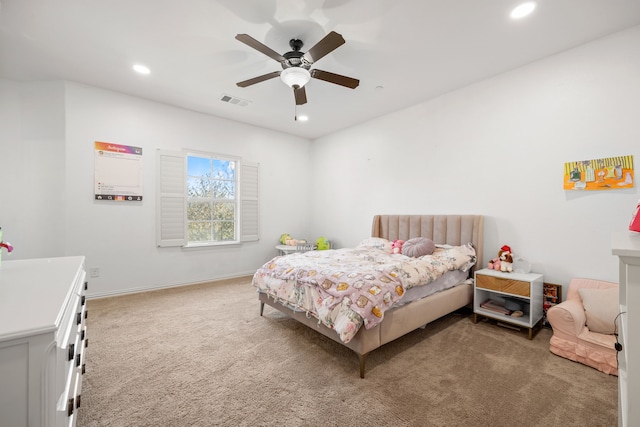 carpeted bedroom featuring recessed lighting, visible vents, baseboards, and a ceiling fan