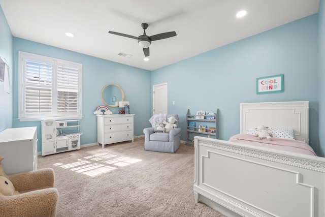 bedroom with visible vents, baseboards, carpet floors, recessed lighting, and a ceiling fan