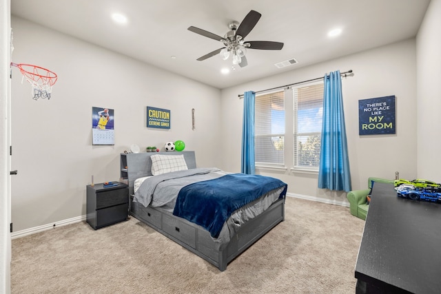 carpeted bedroom featuring recessed lighting, baseboards, visible vents, and ceiling fan