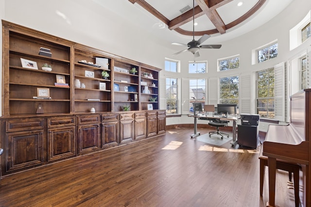 home office featuring a ceiling fan, baseboards, coffered ceiling, visible vents, and dark wood-style flooring