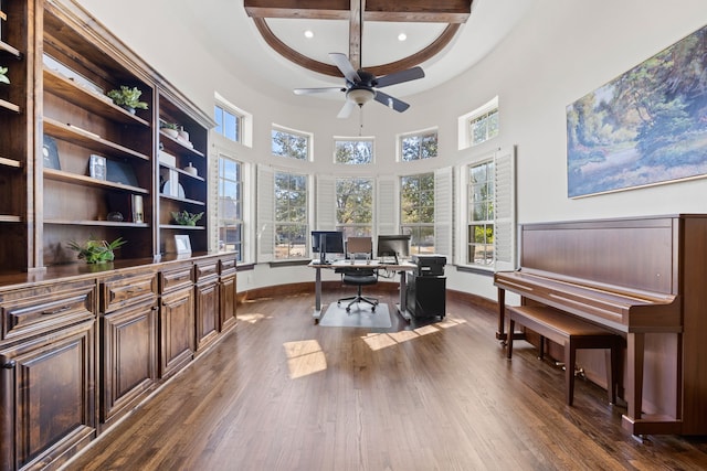 office area featuring a ceiling fan, recessed lighting, baseboards, and dark wood-style flooring