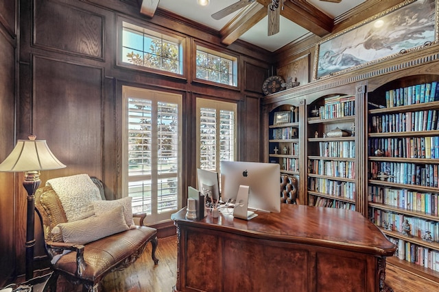 office area featuring a ceiling fan, beamed ceiling, wood finished floors, and coffered ceiling