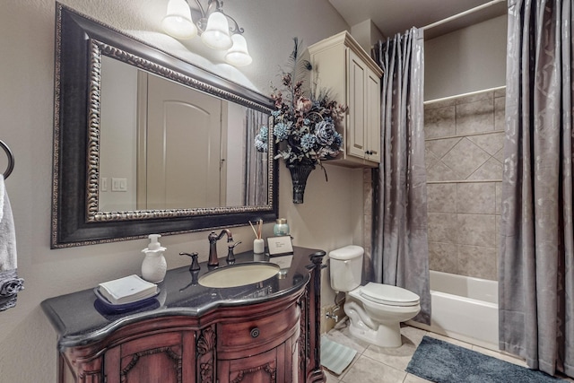 bathroom with a chandelier, toilet, tile patterned floors, vanity, and shower / bathtub combination with curtain