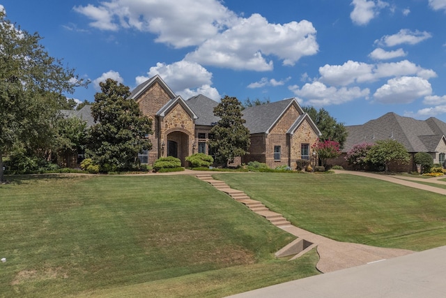 view of front facade featuring brick siding, a front yard, and a shingled roof