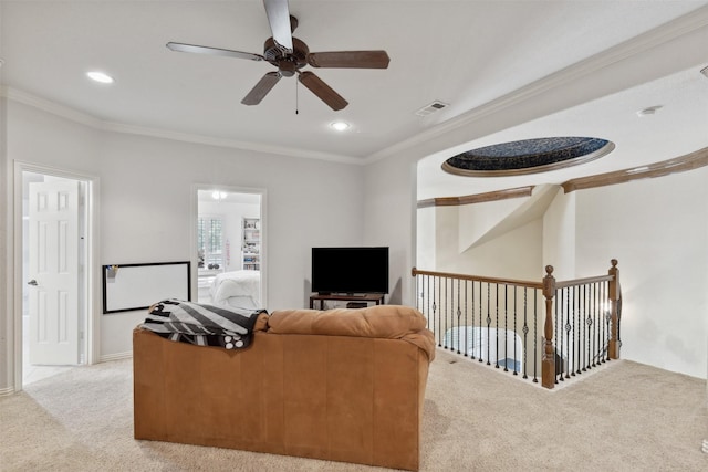 living area featuring visible vents, recessed lighting, crown molding, light colored carpet, and ceiling fan