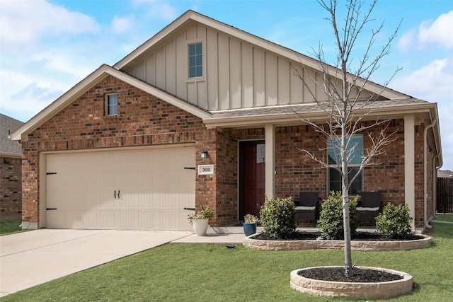 ranch-style house featuring board and batten siding, a front yard, covered porch, and brick siding