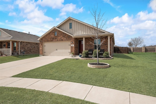 ranch-style house featuring a front lawn, fence, board and batten siding, concrete driveway, and brick siding