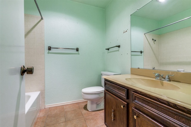 full bathroom with baseboards, toilet, shower / tub combination, tile patterned floors, and vanity