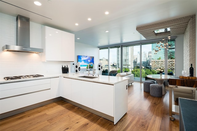 kitchen featuring wall chimney exhaust hood, modern cabinets, stainless steel gas cooktop, and a sink