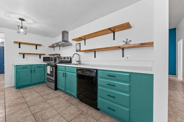 kitchen featuring open shelves, a sink, light countertops, appliances with stainless steel finishes, and wall chimney range hood