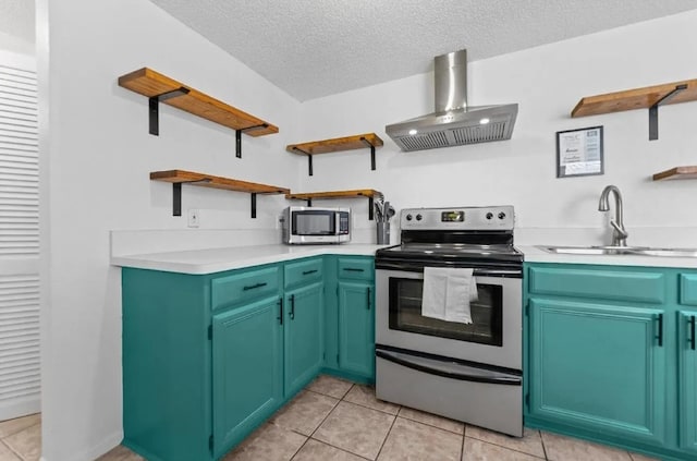 kitchen with open shelves, wall chimney range hood, stainless steel appliances, a textured ceiling, and a sink