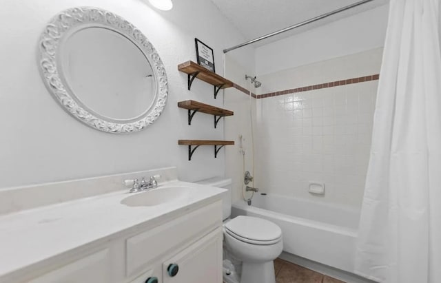 bathroom featuring vanity, tile patterned floors, toilet, and shower / tub combo with curtain