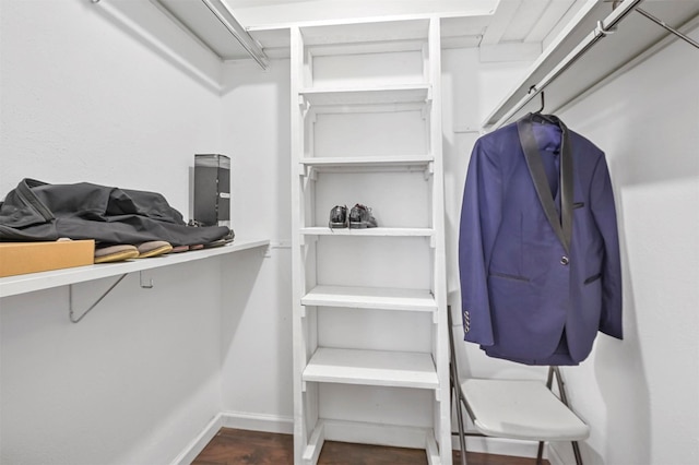 walk in closet with wood finished floors