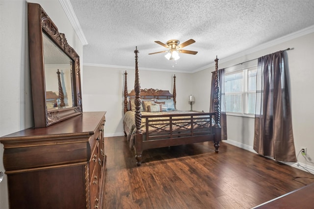 bedroom with baseboards, ceiling fan, dark wood-type flooring, a textured ceiling, and crown molding