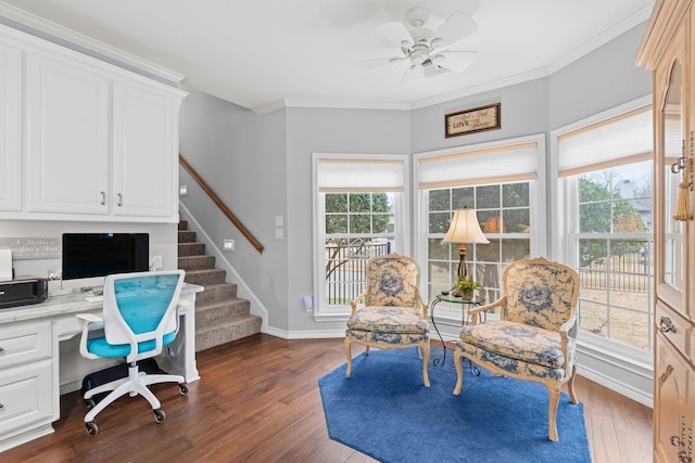 office featuring plenty of natural light, dark wood-style floors, and ornamental molding