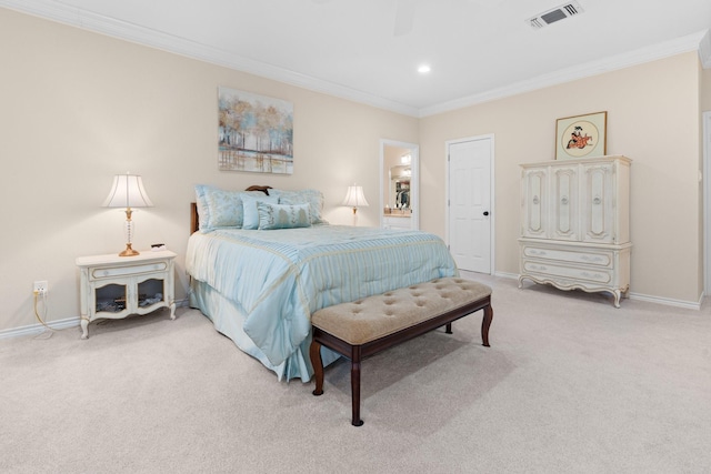 bedroom with visible vents, baseboards, light colored carpet, and ornamental molding