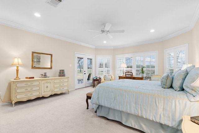 bedroom featuring access to exterior, visible vents, crown molding, light carpet, and french doors