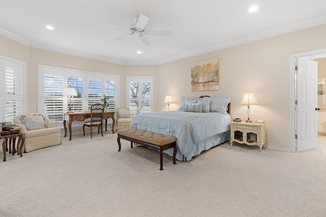 bedroom featuring light carpet, recessed lighting, baseboards, and ornamental molding