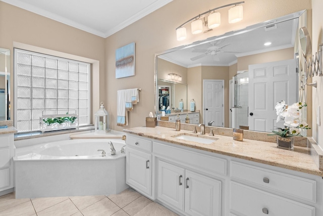 full bath with tile patterned floors, visible vents, ornamental molding, and ceiling fan