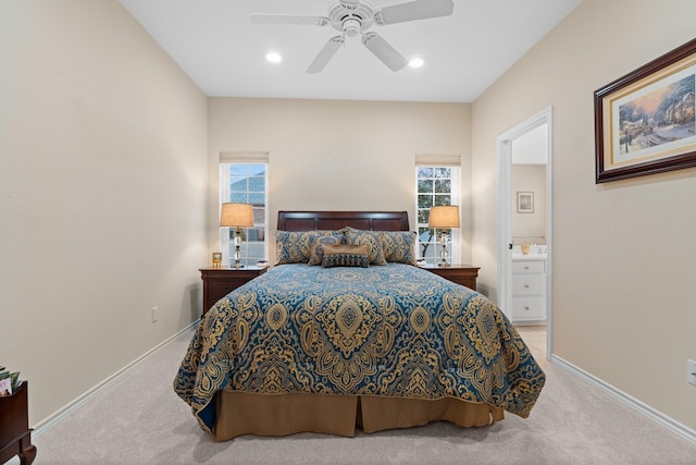 carpeted bedroom featuring recessed lighting, multiple windows, baseboards, and ceiling fan