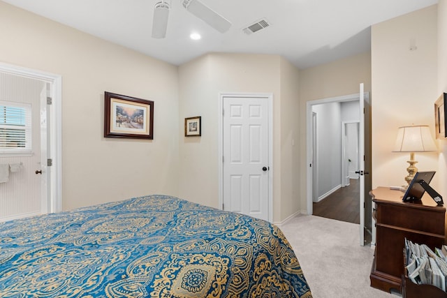 bedroom with visible vents, baseboards, carpet, and ceiling fan